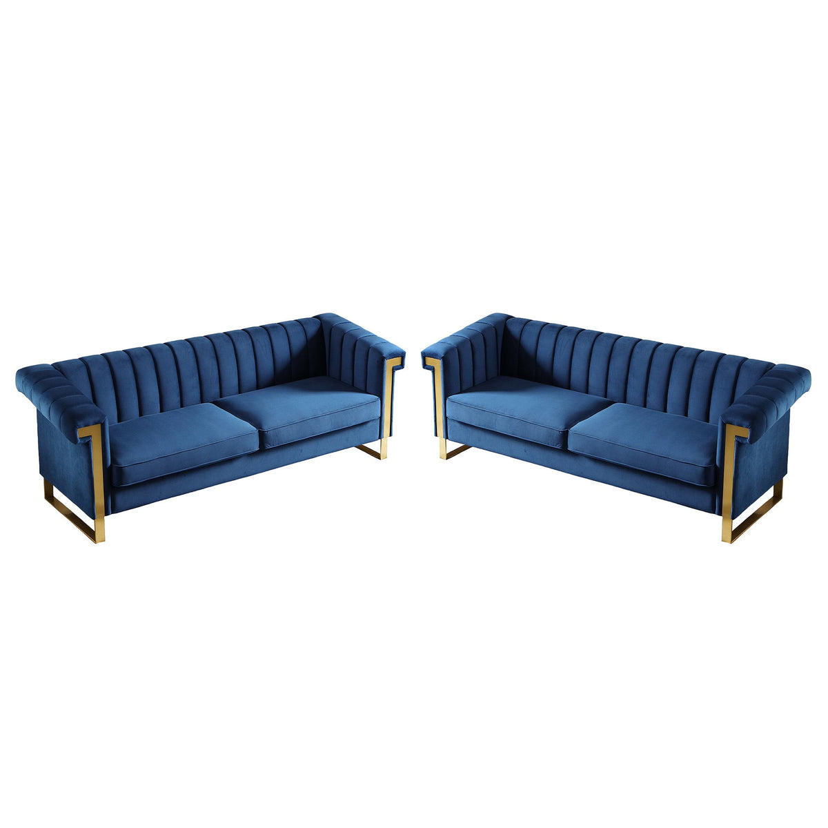 Vintage Blue Velvet 2 Piece Sofa Set with Channel Tufted Backrest - Blue