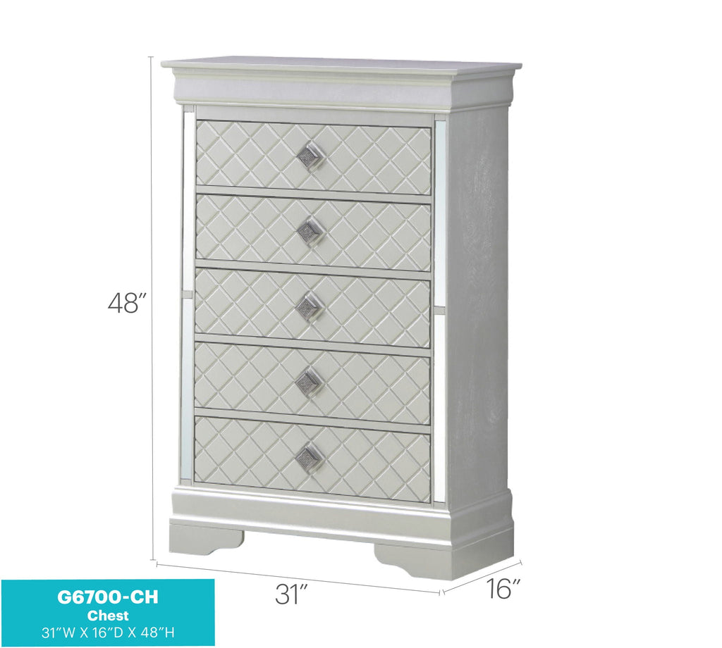 Embossed X Design Accent Chest with Crystal Pulls - Gray, Black, or Pearl Silver