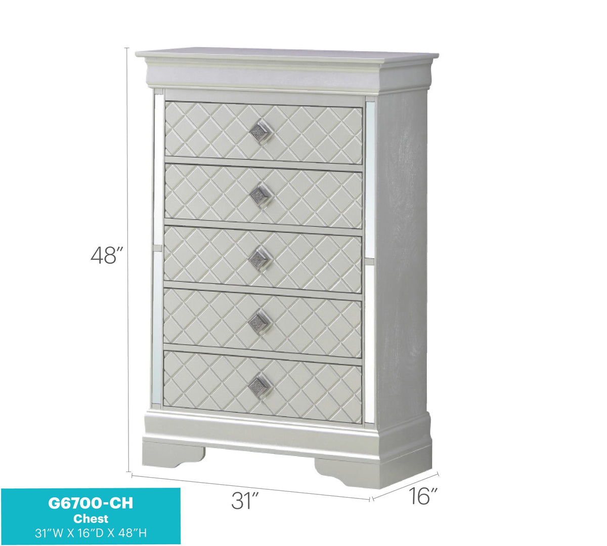 Embossed X Design Accent Chest with Crystal Pulls - Gray, Black, or Pearl Silver