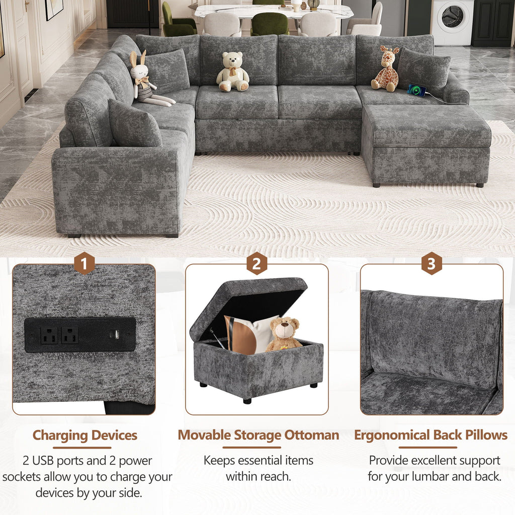 Sleeper Sectional Sofa with Storage Ottoman and USB Charging - White or Dark Gray