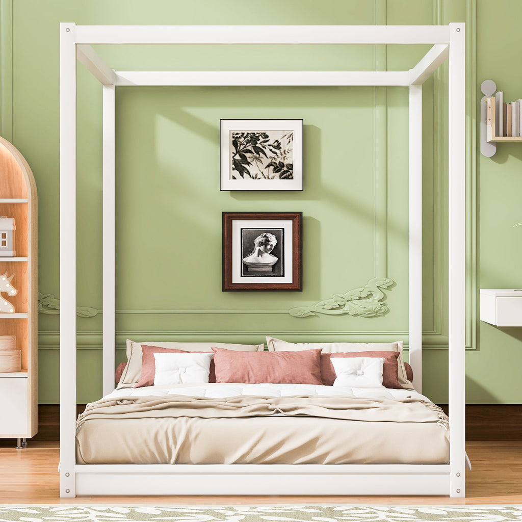 Wood Canopy Platform Bed with Airflow Slats and Support Legs - White or Light Brown