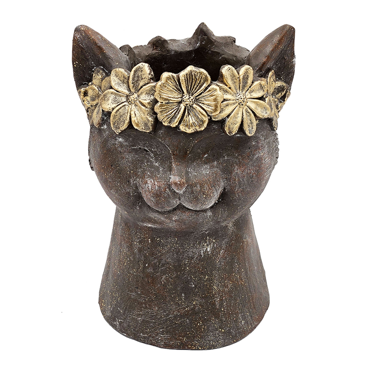 Magnesium Cat Statue Planter with Textured Finish - Brown & Gold