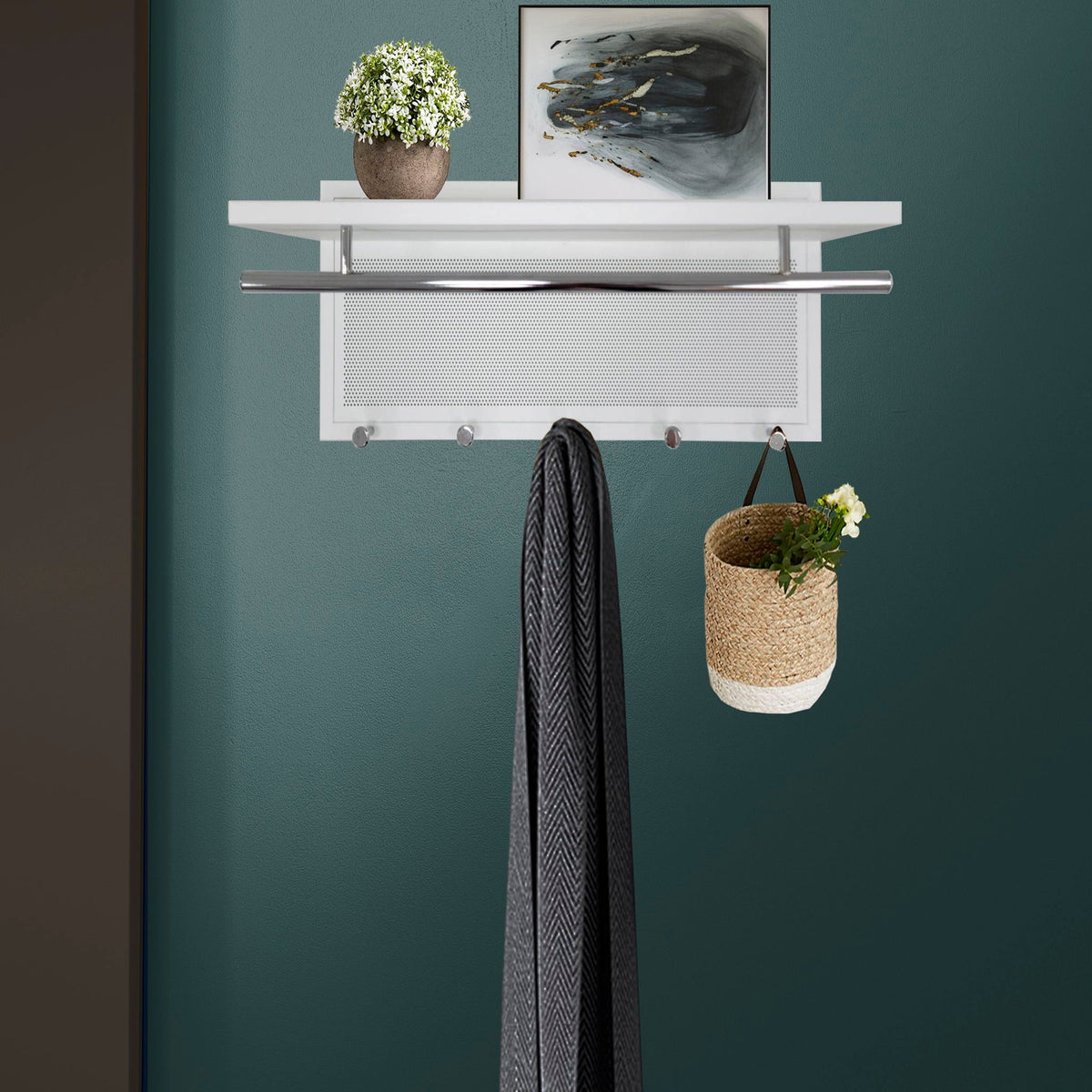 Powder Coated Metal Wall Mounted Coat Rack with Shelf - Multiple Colors