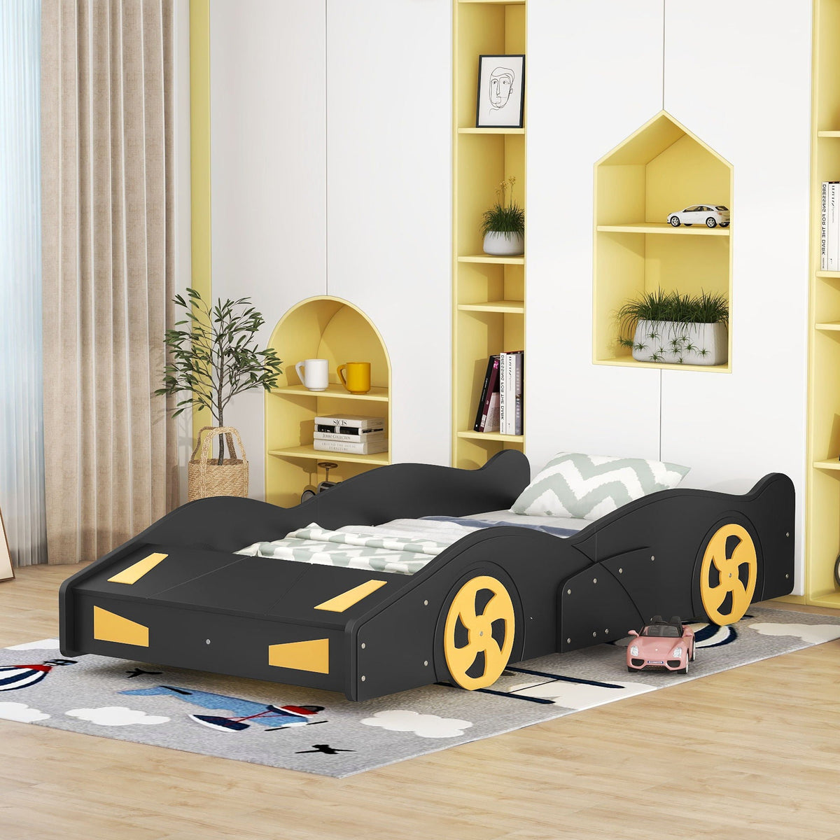 Race Car Platform Bed with Storage and Wheels - Black or Blue