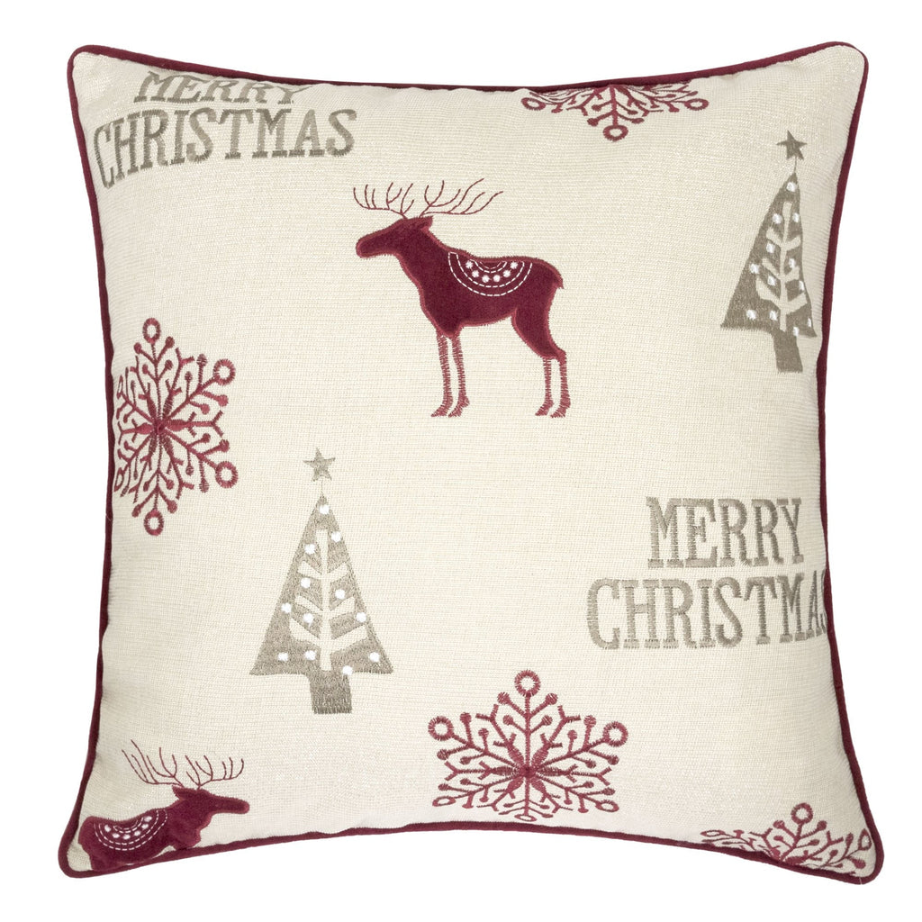 Merry Christmas Embroidered Poly Pillow with Festive Embroidery - Red