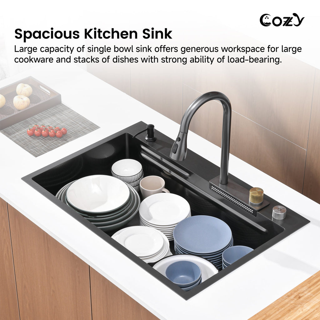 Stainless Steel Waterfall Kitchen Sink with Single Bowl - Black
