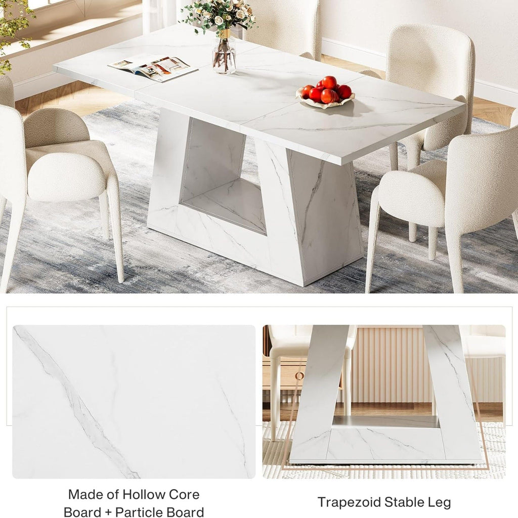 White Dining Table for 4–6 with Trapezoid Base - Faux Marble Finish