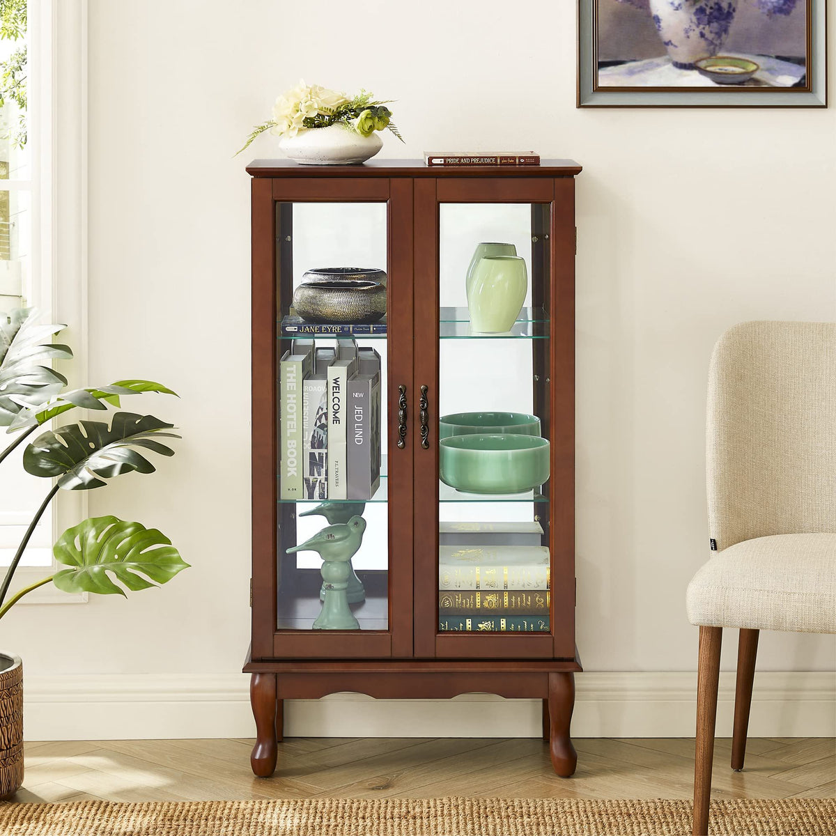 Lighted Curio Display Cabinet with Adjustable Shelves - Light Brown, Dark Brown, Dark Red