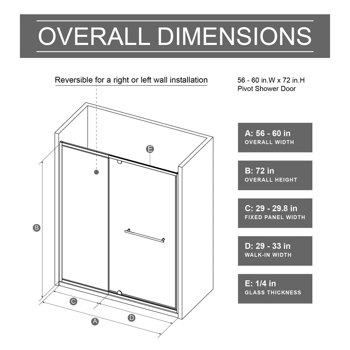 Matt Black Pivot Shower Door with Handle - 60" W x 72" H