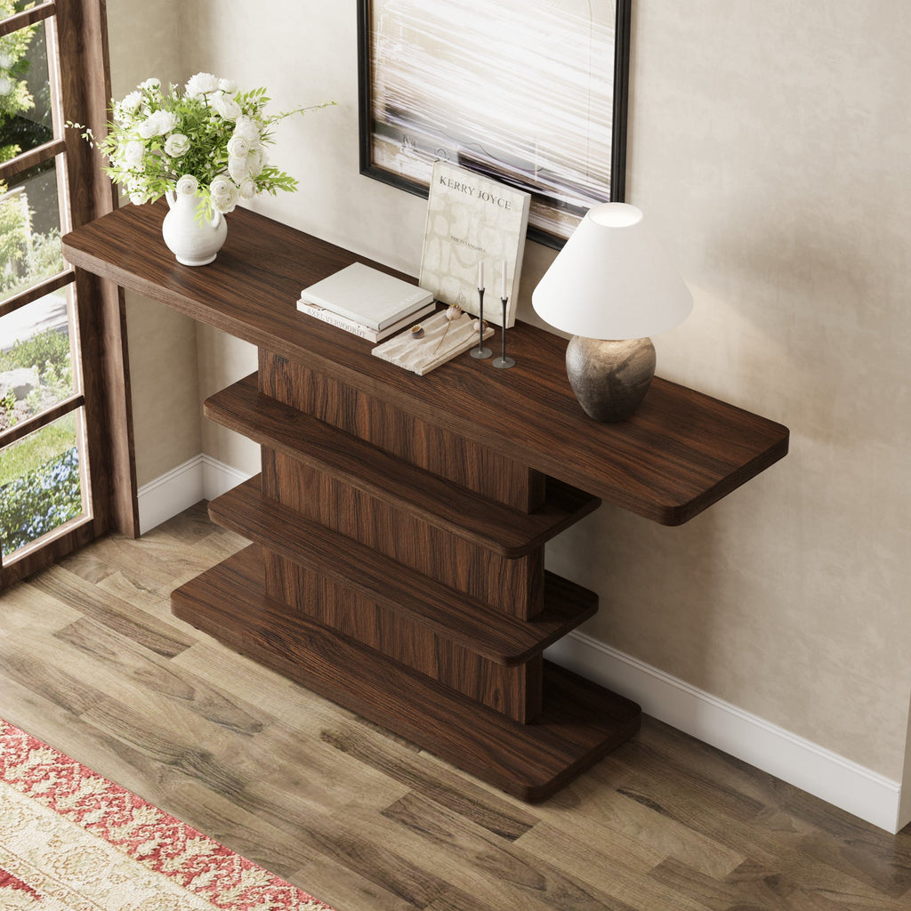 Vintage Narrow Console Table with 2 Tier Open Storage Shelves - Solid Wood Finish