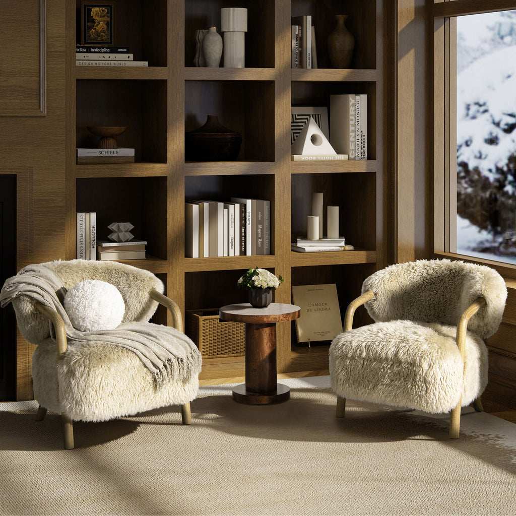 Rustic Oak Sheepskin Upholstered Arm Chair with Ergonomic Comfort - Taupe Beige