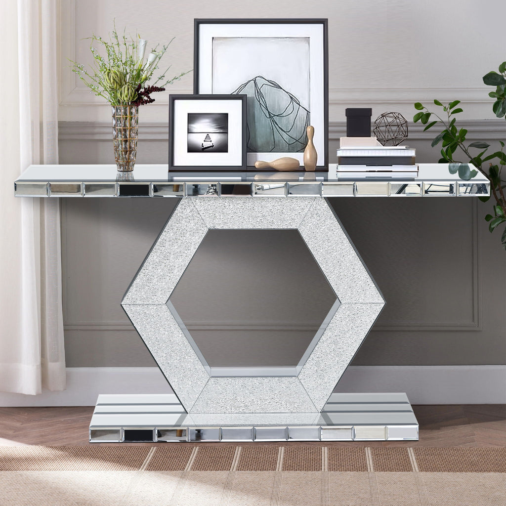 Sparkling Crystal Hexagon Console Table with Diamond Glass Effects - Silver