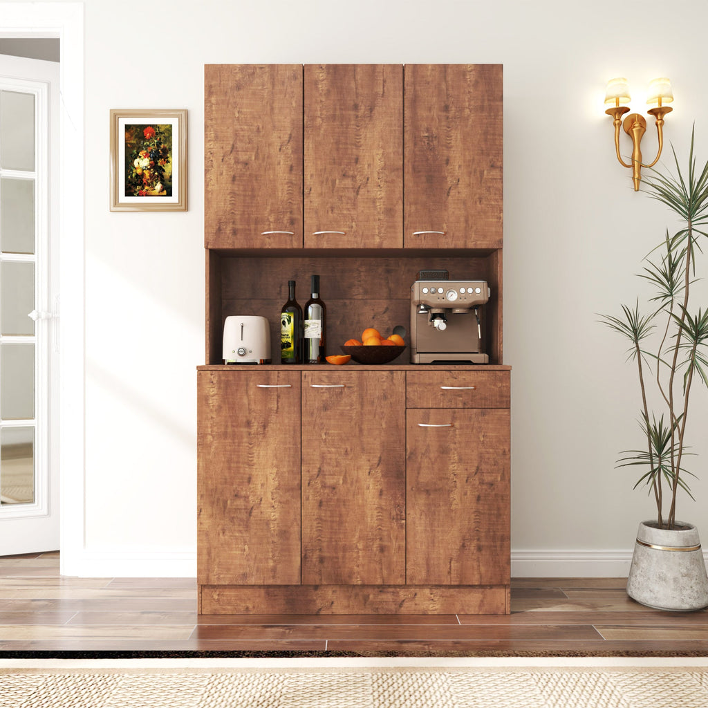 Walnut Tall Wardrobe & Kitchen Cabinet with 6 Doors, Drawer & Open Shelf