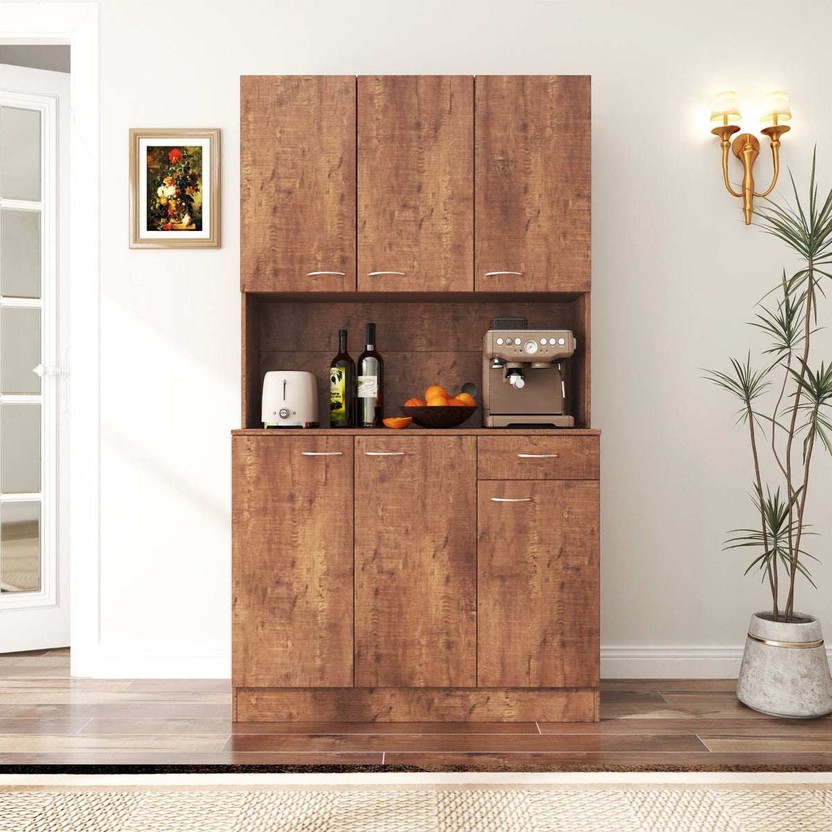 Walnut Tall Wardrobe & Kitchen Cabinet with 6 Doors, Drawer & Open Shelf