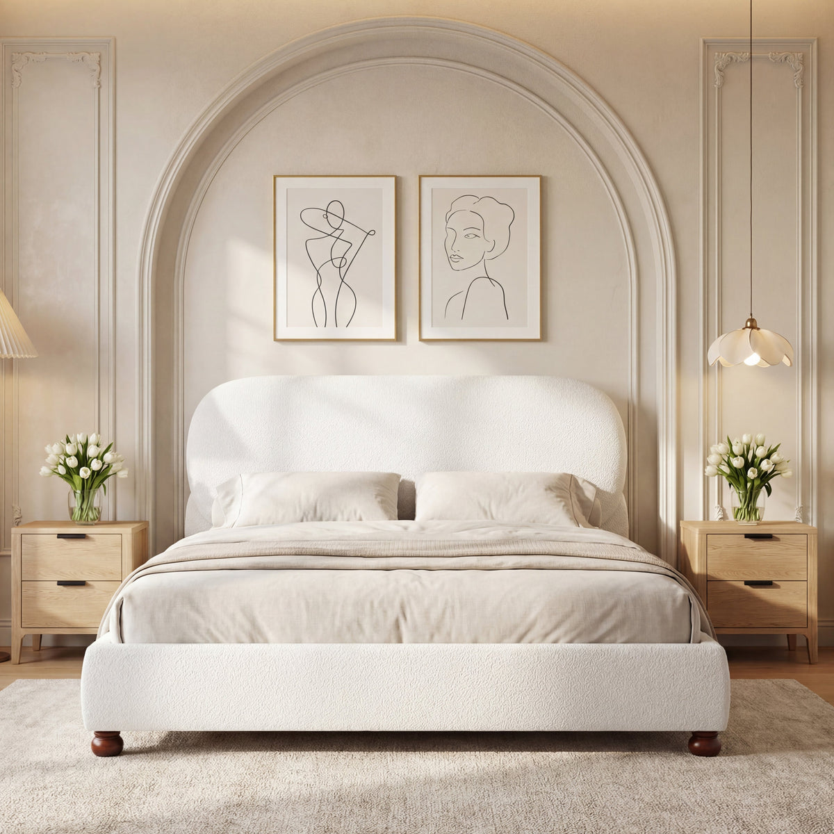 Cream Boucle Upholstered King Bed with Rubberwood Feet