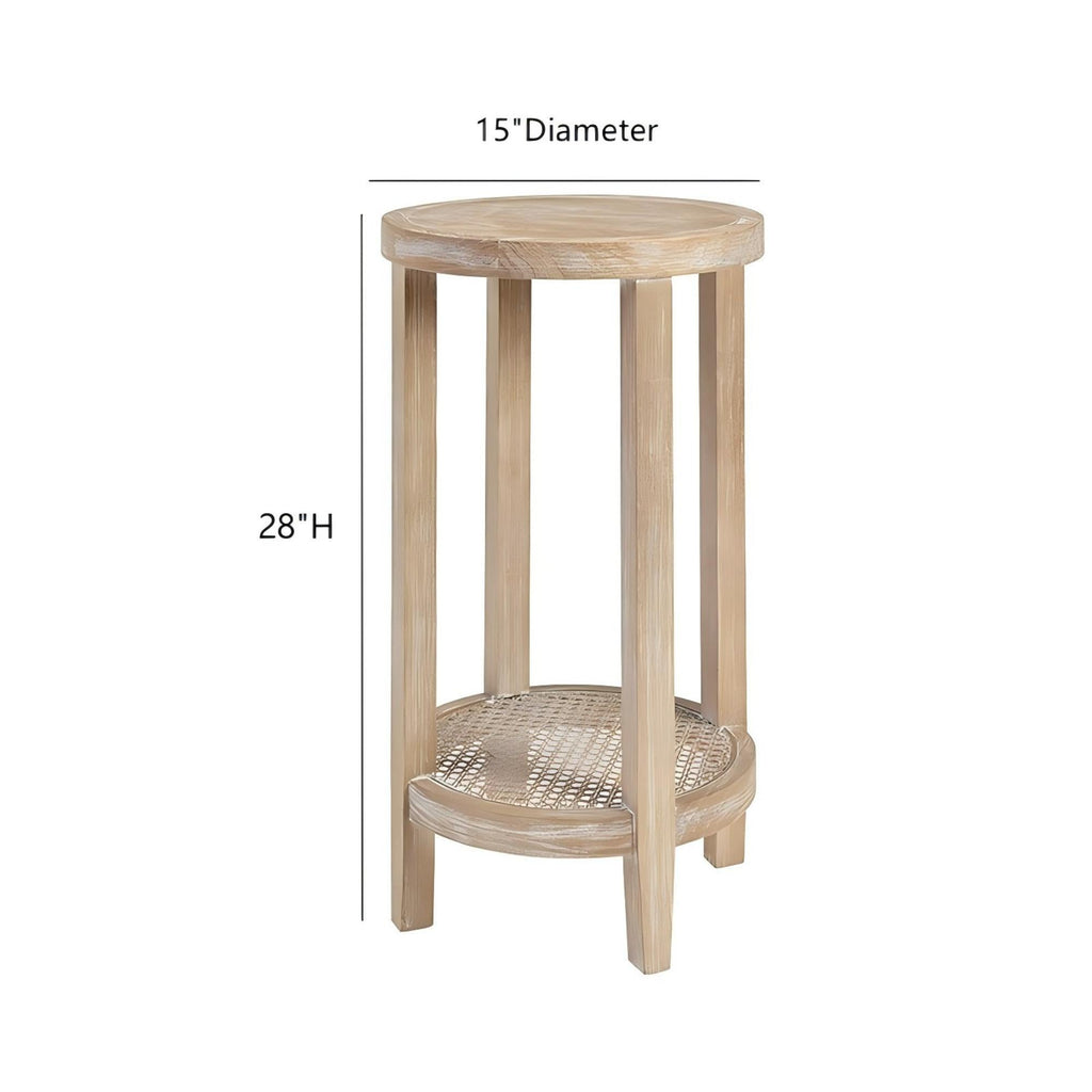 Reclaimed Wheat Round Accent Table with Rattan Cane Shelf