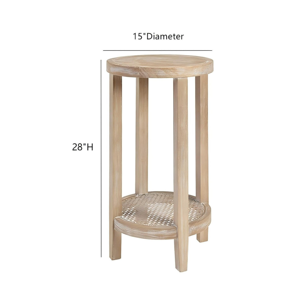 Reclaimed Wheat Round Accent Table with Rattan Cane Shelf