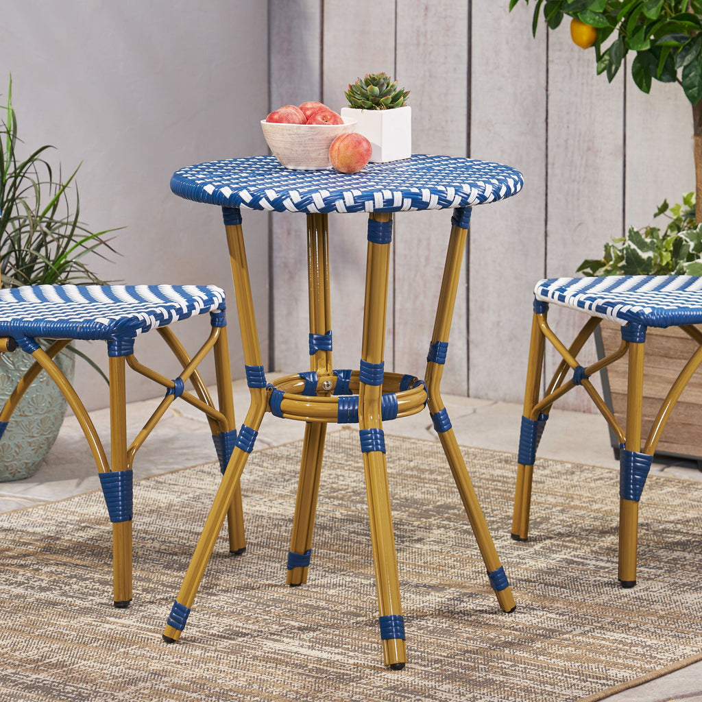 French Bistro Table with Aluminum Frame and Rattan Weave - Natural