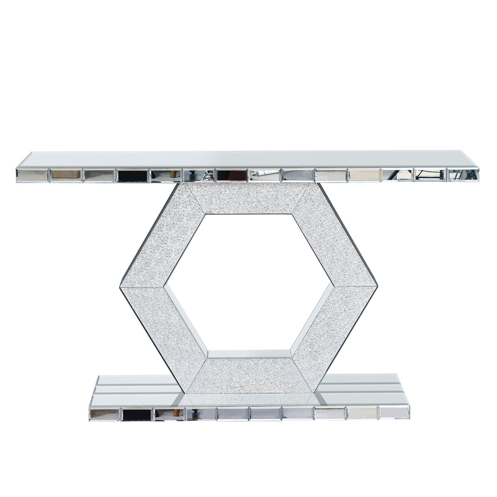 Sparkling Crystal Hexagon Console Table with Diamond Glass Effects - Silver