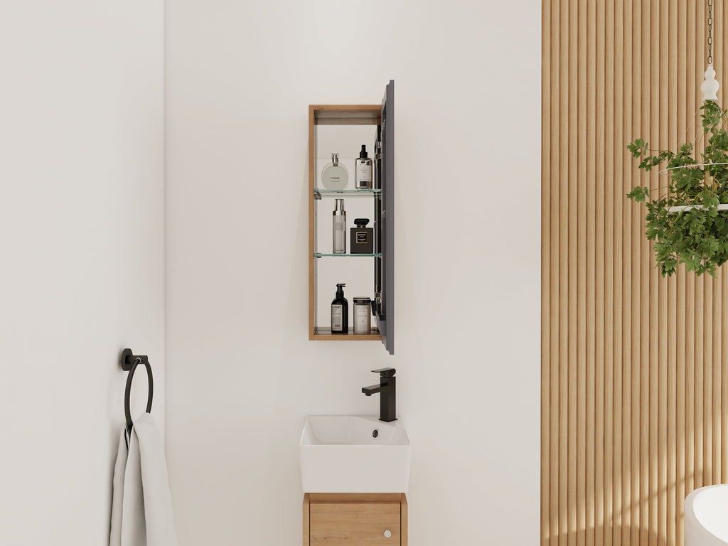 10'' Bathroom Mirror Cabinet with Adjustable Shelves - Imitative Oak