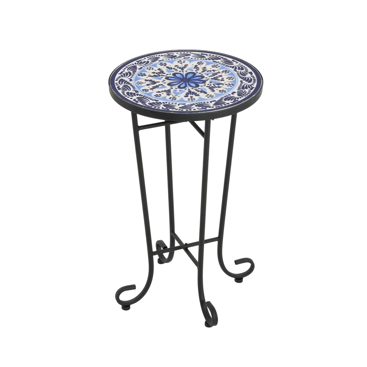 Blue Ceramic Tile Patio Side Table with Black Iron Frame - Outdoor
