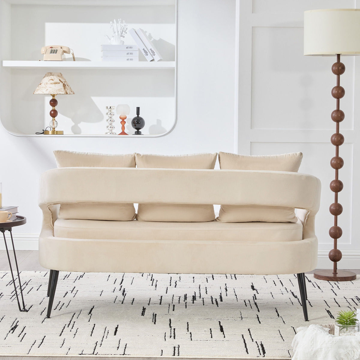 Open Back Loveseat Settee with 3 Pillows - Beige, Dark Green, or Dark Gray