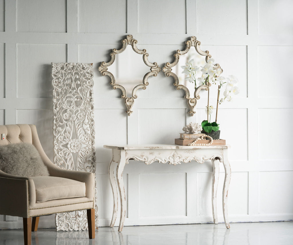 Artistic Diamond Scrollwork Wall Mirror with Fir Wood Frame - Antique White