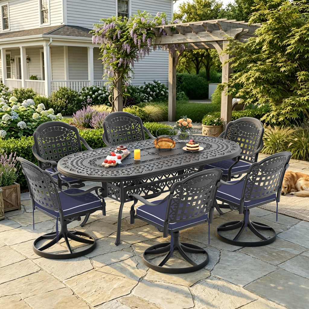 7-Piece Cast Aluminum Patio Dining Set with Oval Table - Black