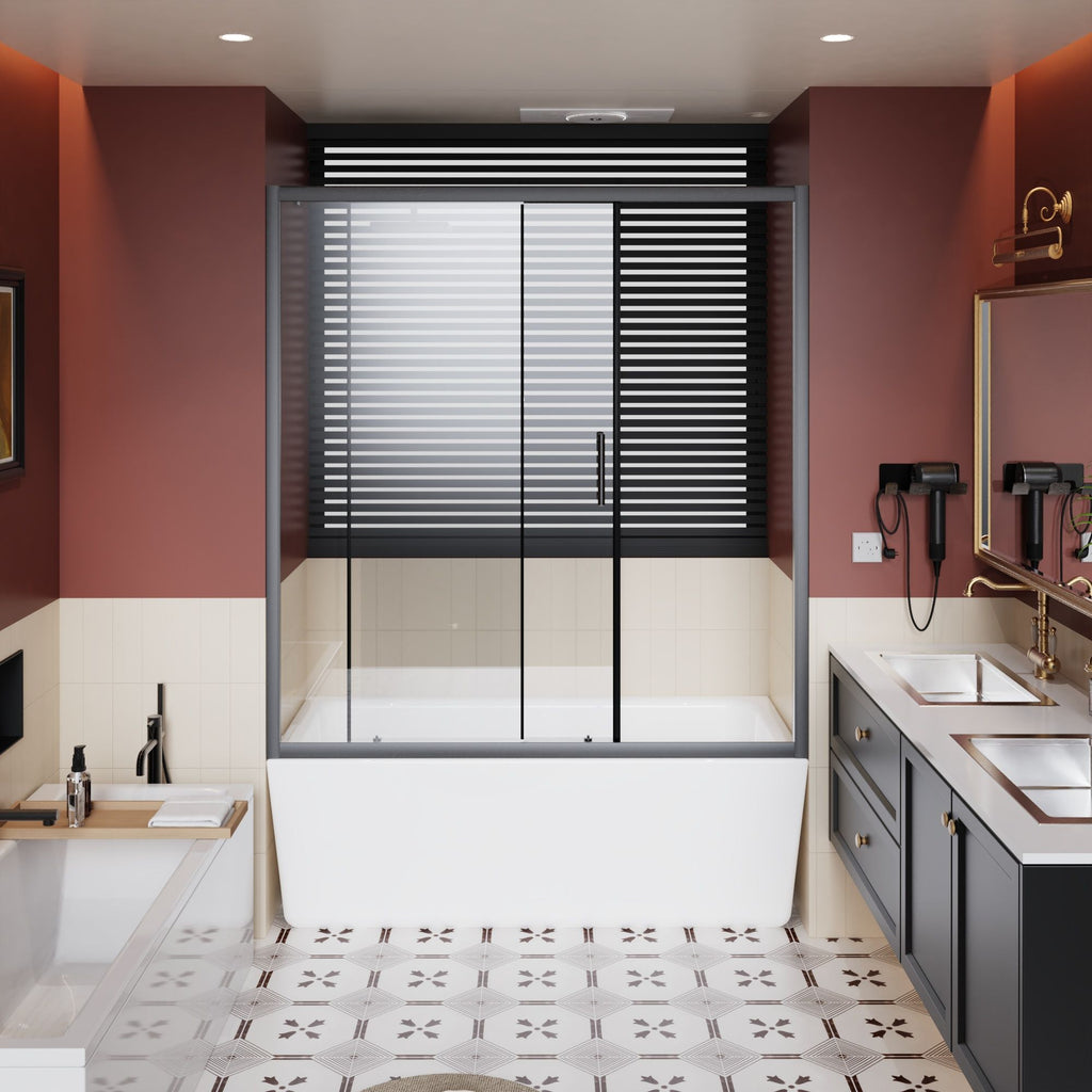 Sliding Shower Door for Bathtub with Safety Glass - Matte Black