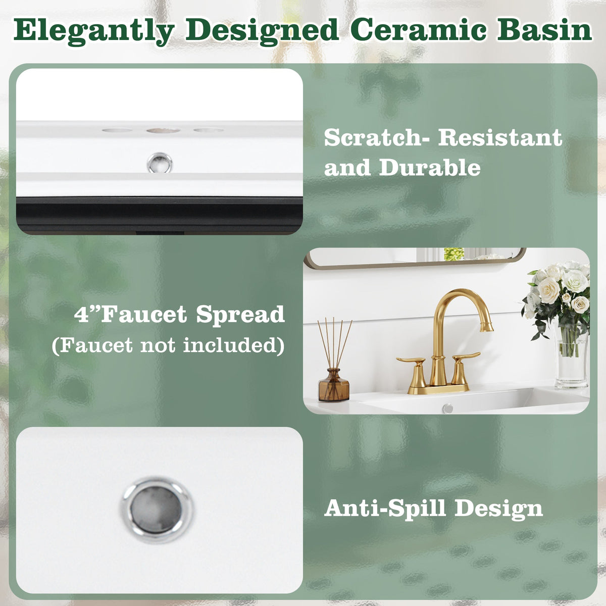 24" Modern Bathroom Vanity with Tip-Out Drawer & Soft-Close Hinges - Black, Green, or White
