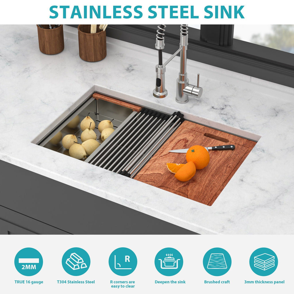 Gray Stainless Steel Undermount Workstation Kitchen Sink with Soundproofing - Single Bowl