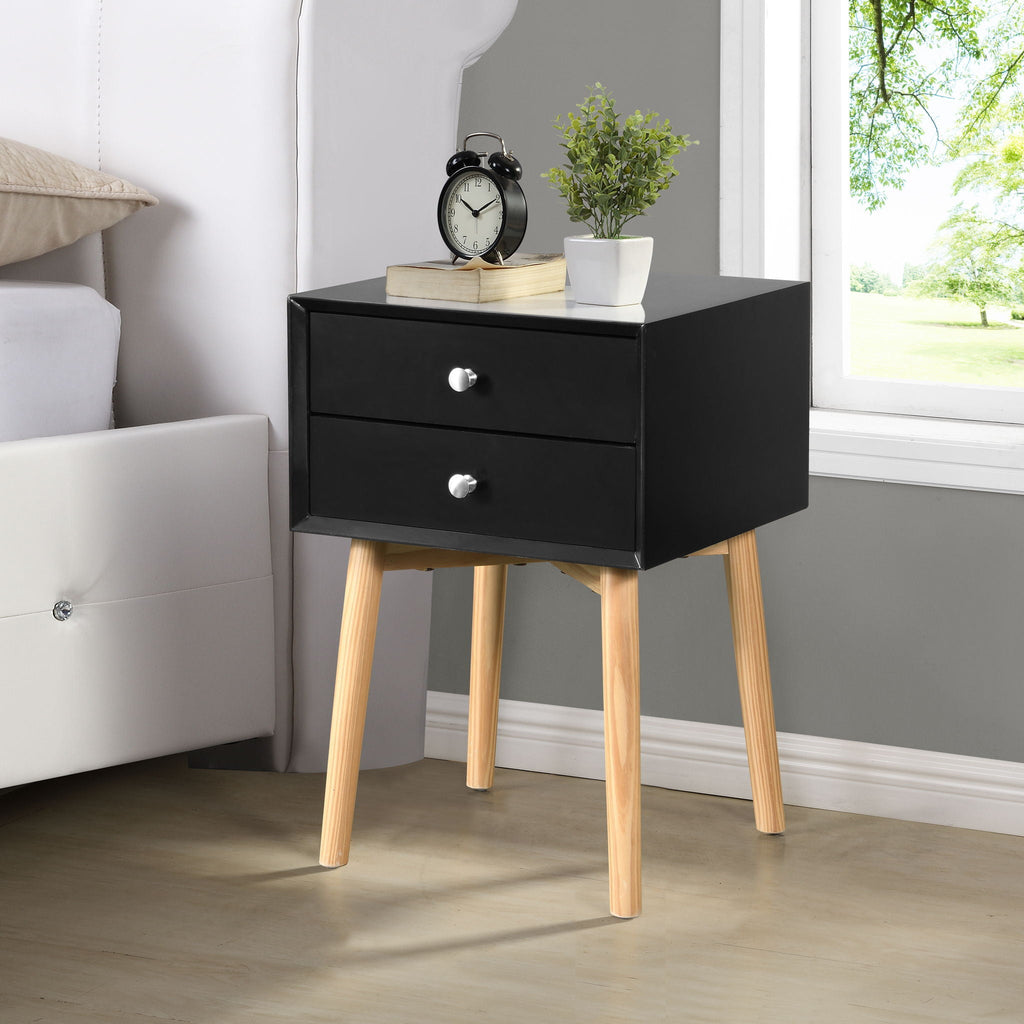 Mid-Century Modern 2-Drawer Accent Nightstand with Rubber Wood Legs – Dark Gray or Black