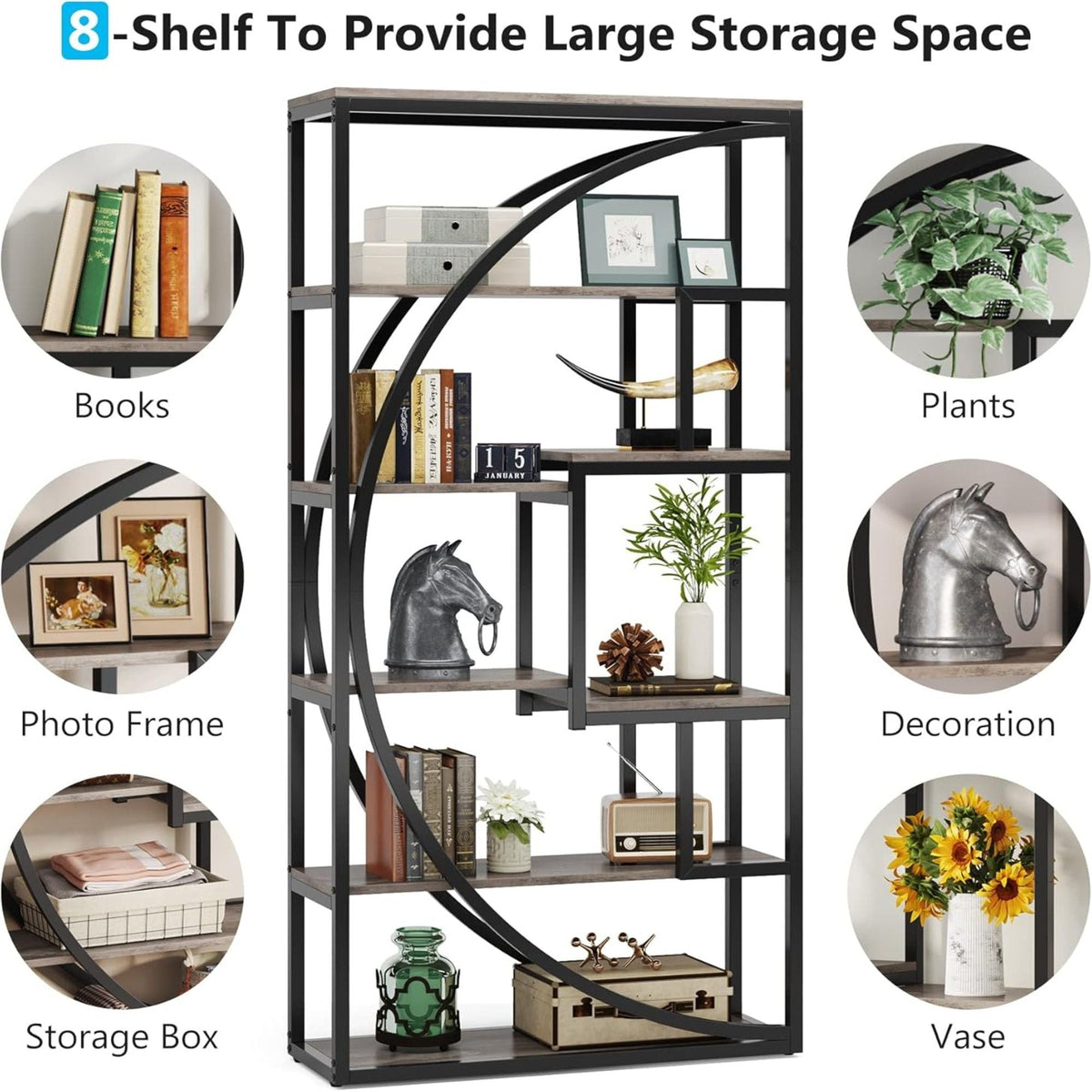 5 Tier Etagere Bookshelf with 8 Open Shelves - Dark Brown or Dark Gray