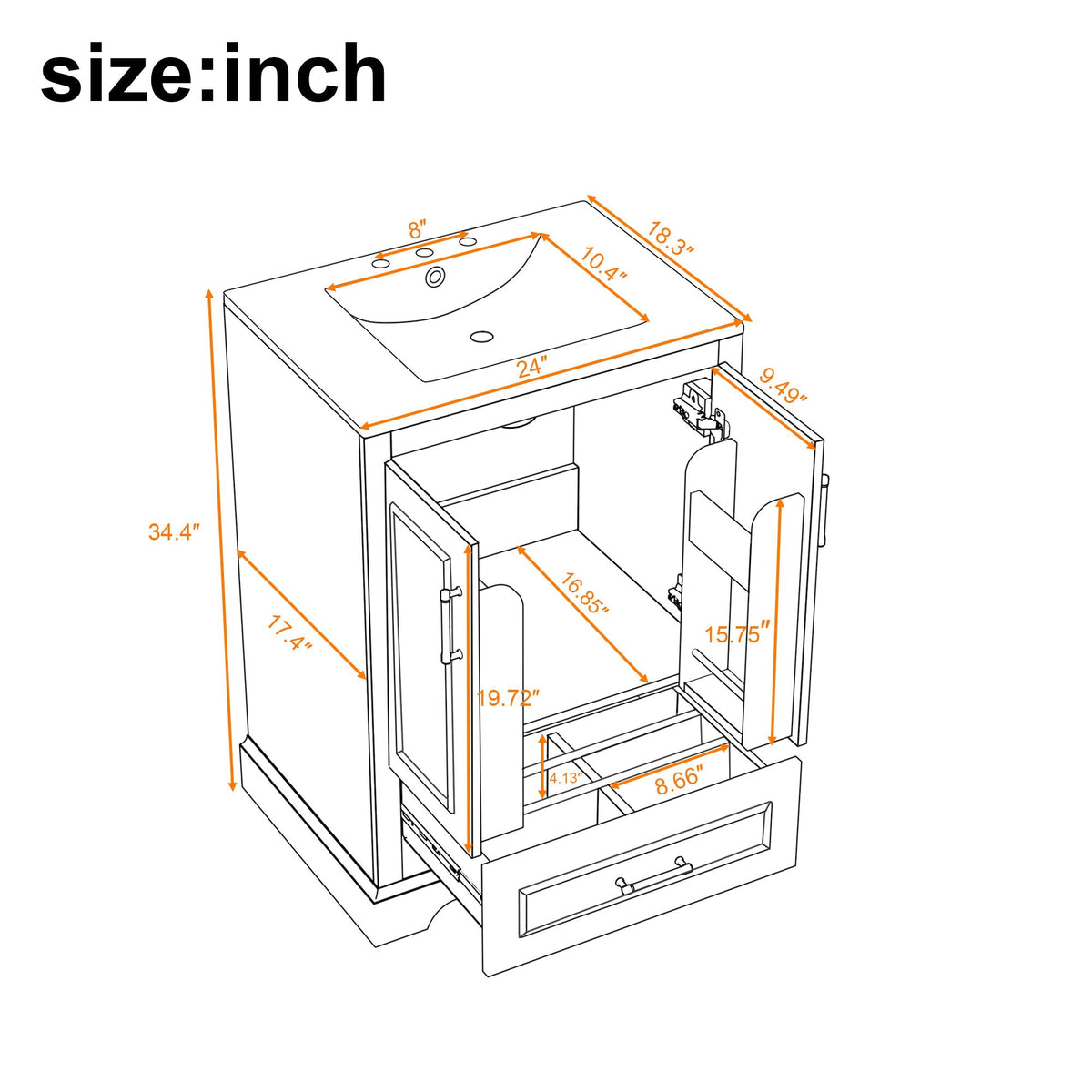 Bathroom Vanity with Sink and Soft Close Doors - White, Black, Green, or Gray