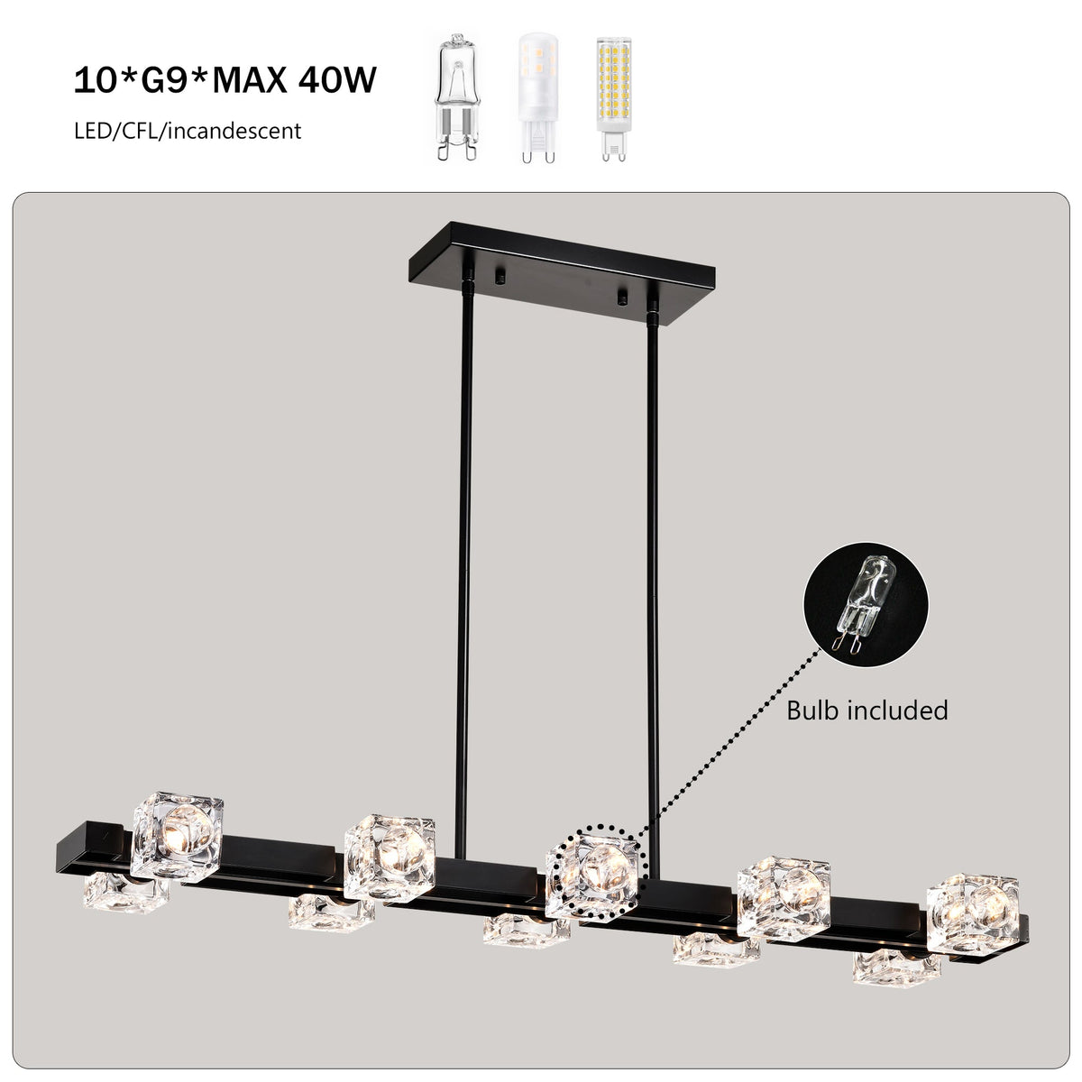 Rectangle Chandelier for Dining Room with 10-Light Metal Design