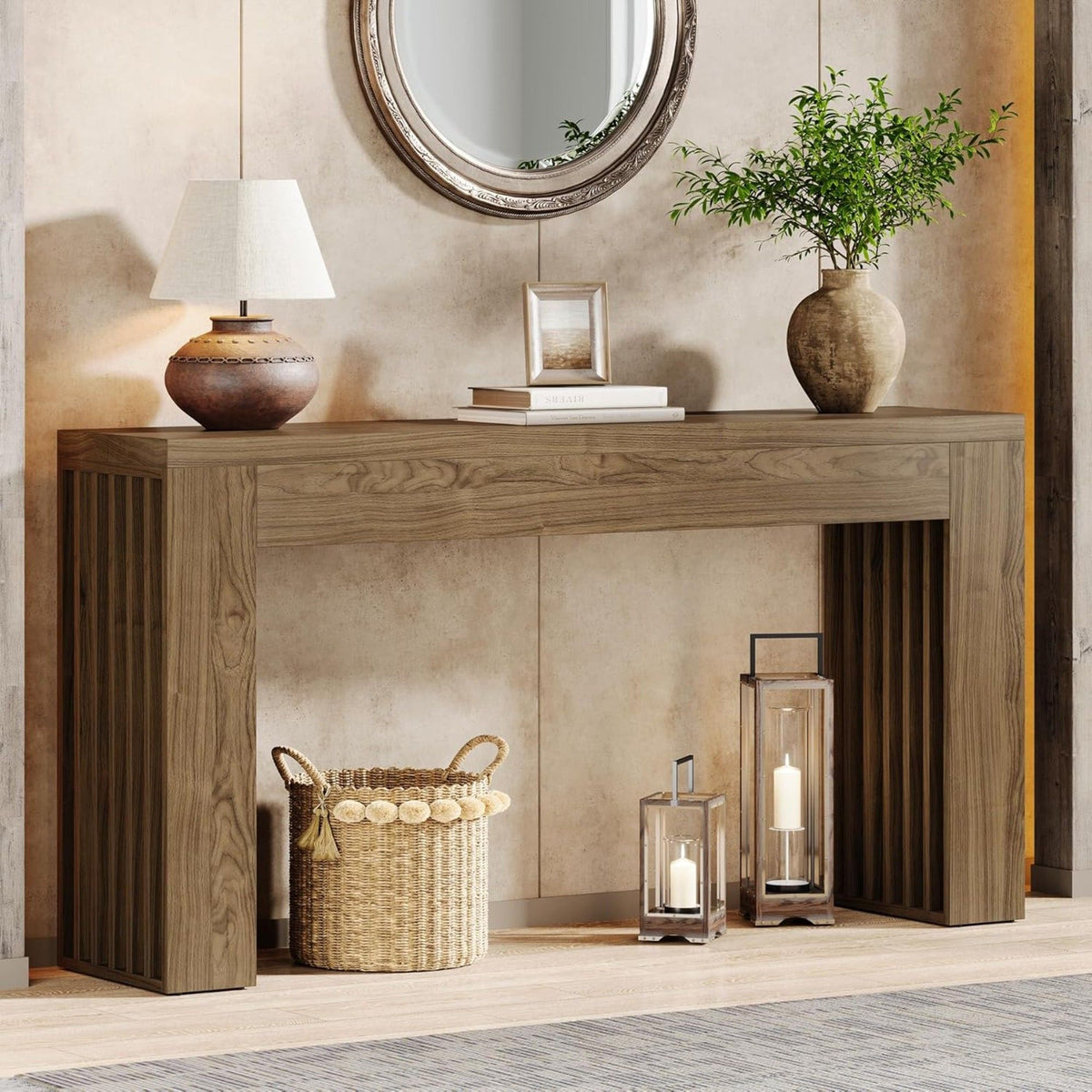 Rustic Brown Console Table with Vertical Slat Legs - Solid Wood & MDF