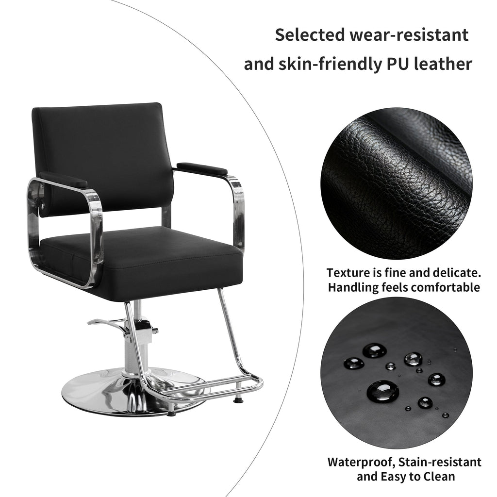 Height Adjustable Barber Chair with Metal & Wood Construction - Black