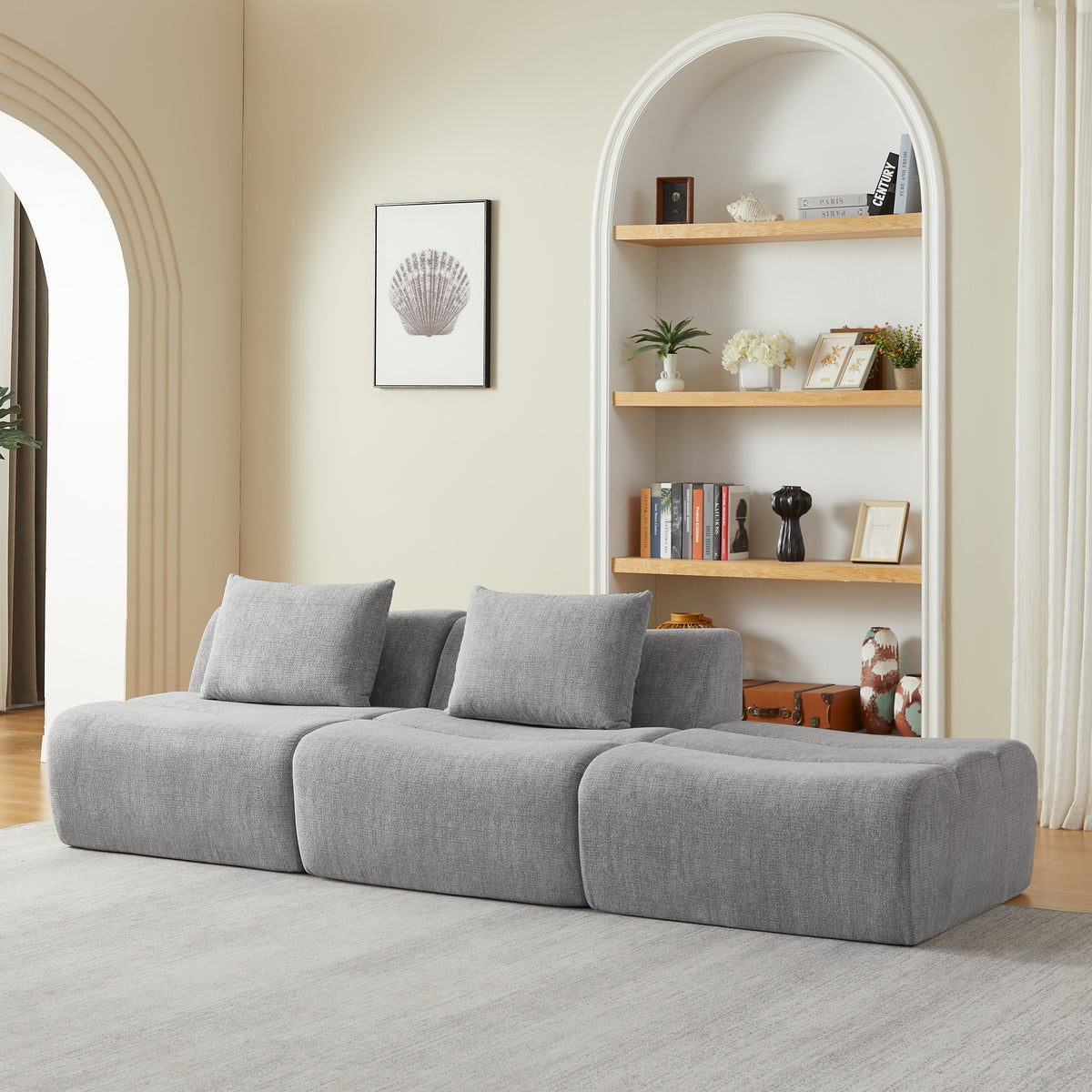Oversized 3 Seater Compressed Sofa with Chenille Fabric - Neutral