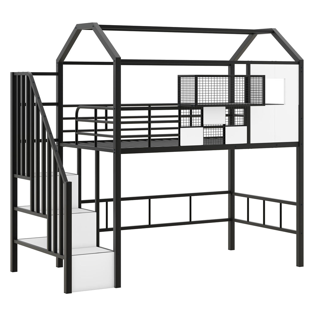 Metal Loft Bed With Roof Design and Storage Box with Guardrails and Integrated Ladder - Twin