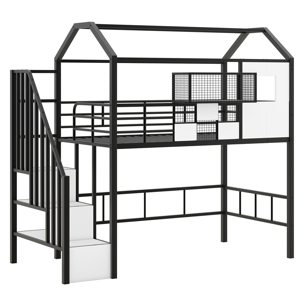 Metal Loft Bed With Roof Design and Storage Box with Guardrails and Integrated Ladder - Twin