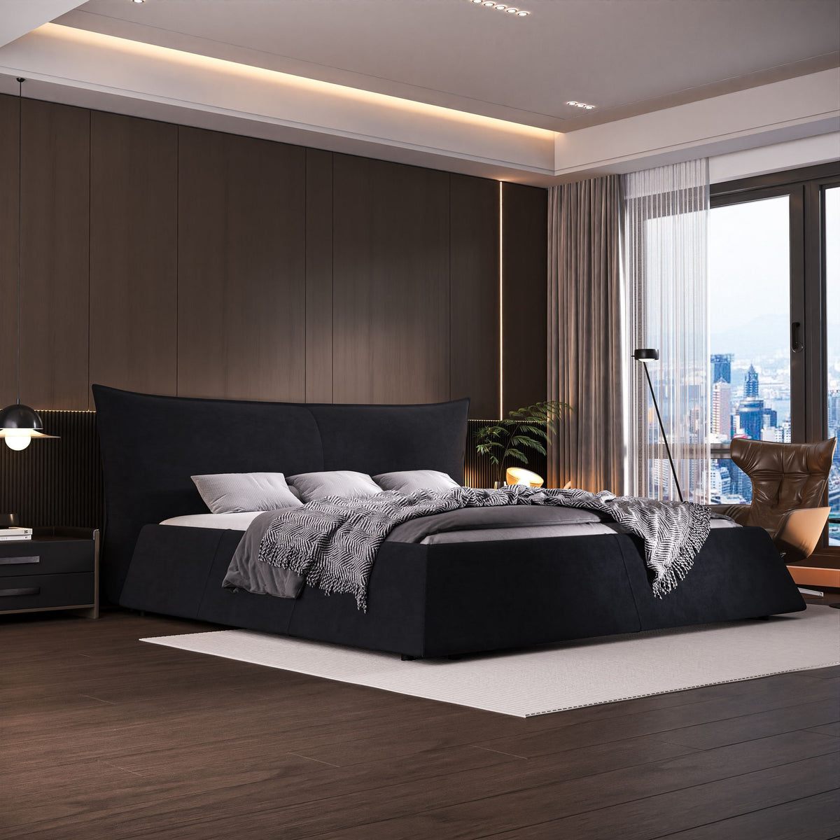 Upholstered Platform Bed with Special Shaped Headboard - Black or Beige
