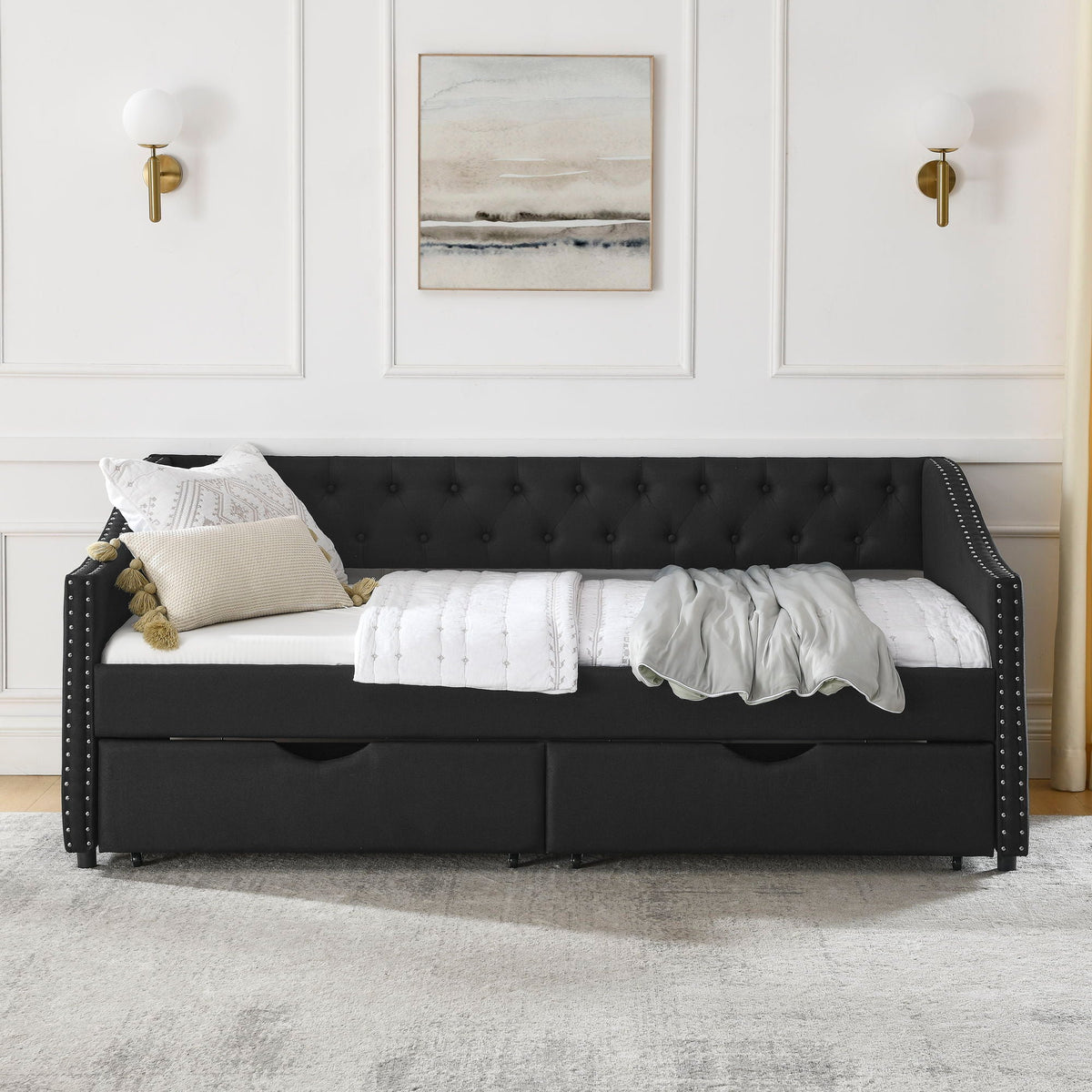 Upholstered Tufted Daybed with 2 Drawers and Waved Arms - Multiple Colors