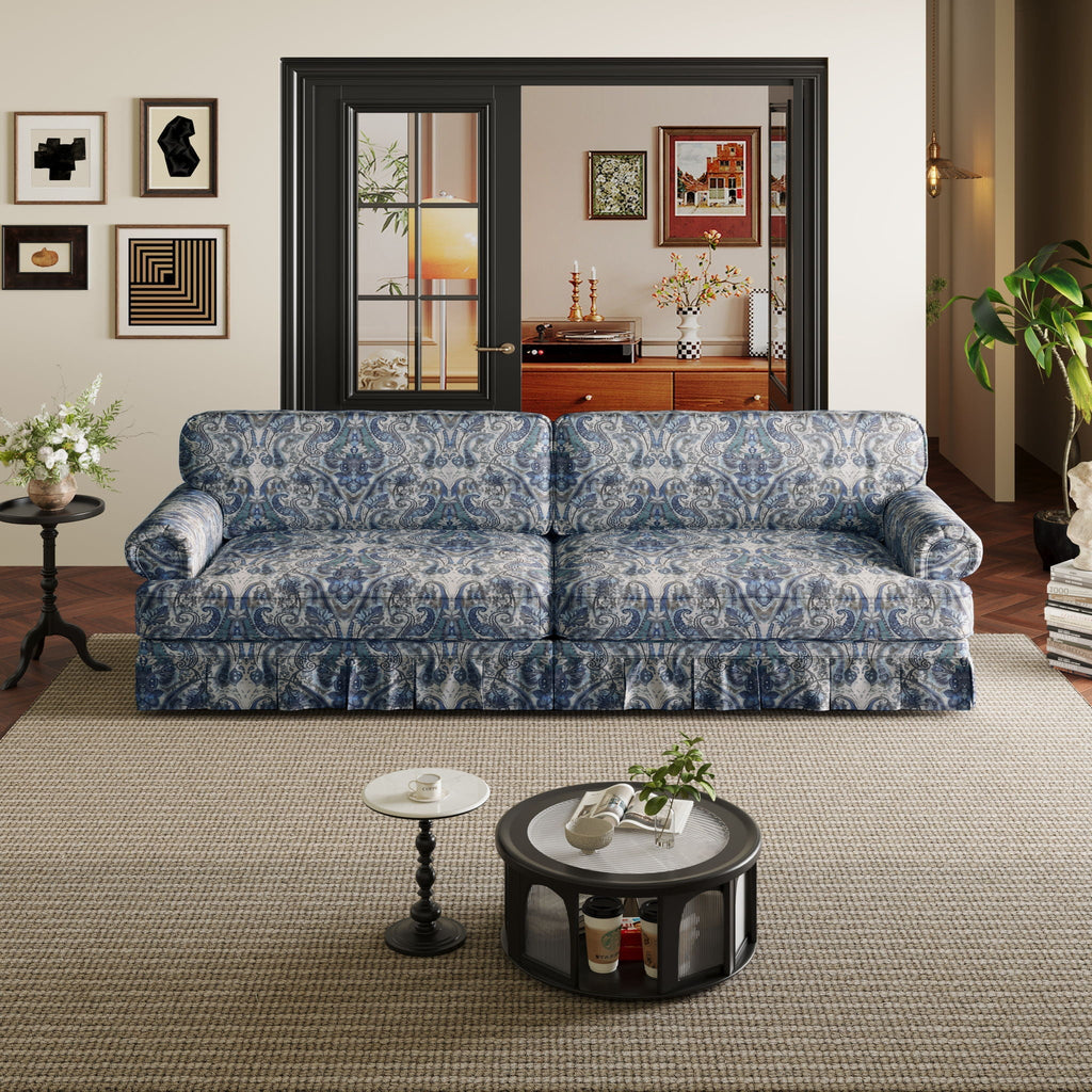 Cloud Couch Sofa with Rolled Arms and Pleated Skirt - Beige, Blue, or Light Brown