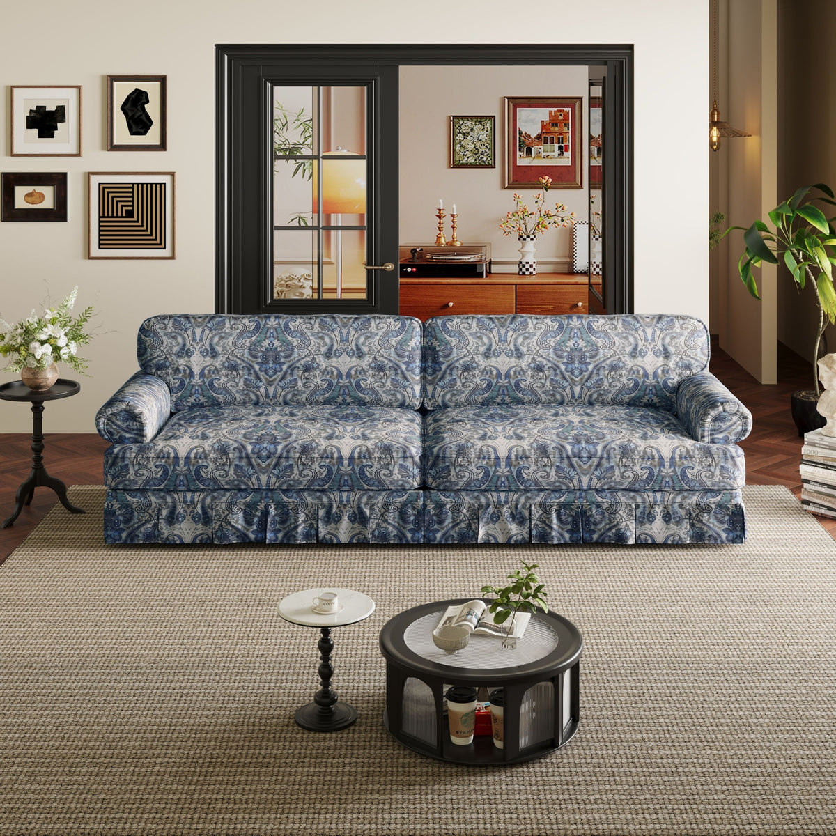 Cloud Couch Sofa with Rolled Arms and Pleated Skirt - Beige, Blue, or Light Brown