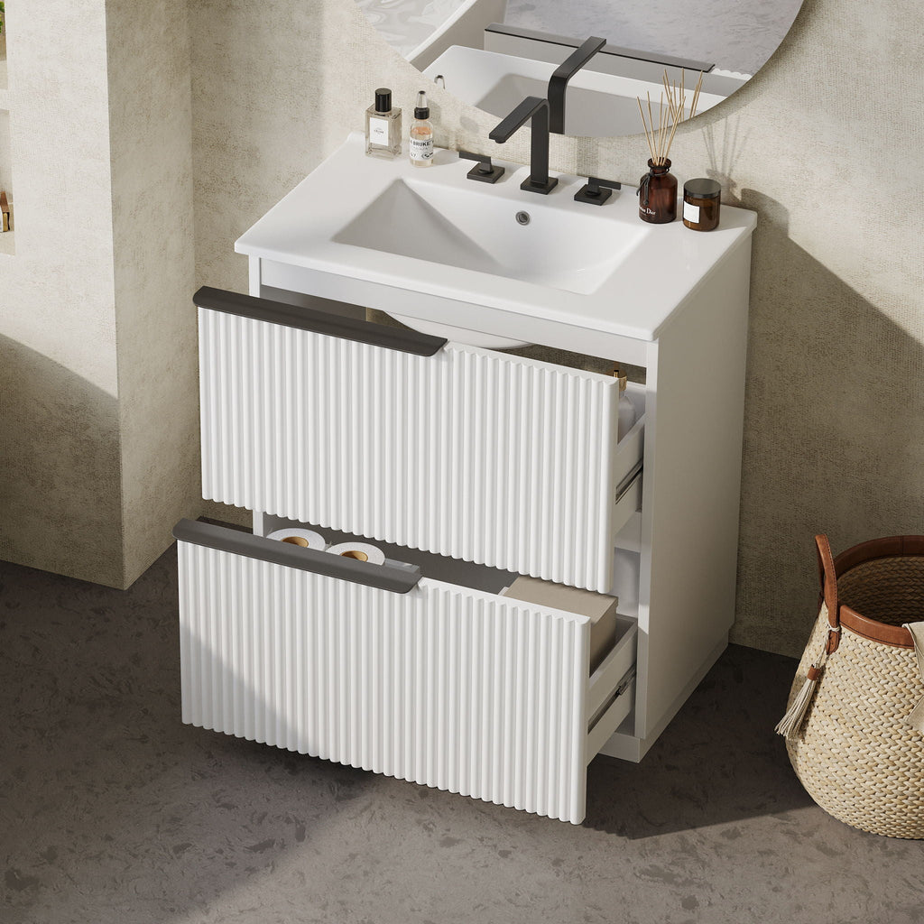 Fluted Bathroom Vanity with Ceramic Sink and Moisture-Proof Cabinet - 30" Wide