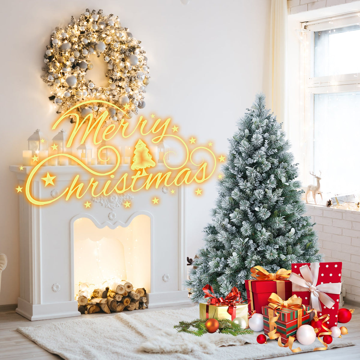 4FT Flocked Christmas Tree with Pine Needles & Eucalyptus Leaves - Frosted PVC