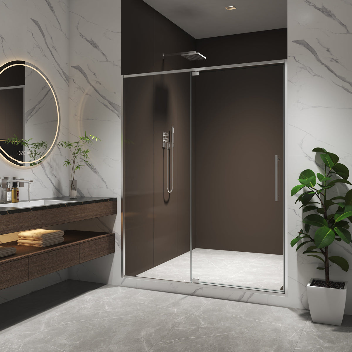 Pivot Shower Door with Tempered Glass and Soft-Close Hinge - Brushed Nickel