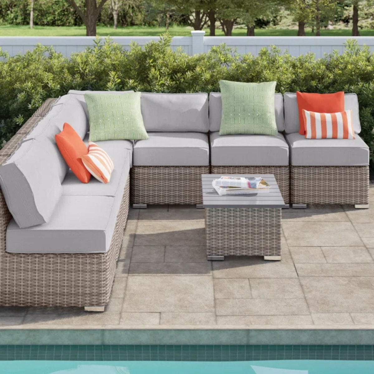 Wicker Sectional Sofa with Cushions and Table - Gray
