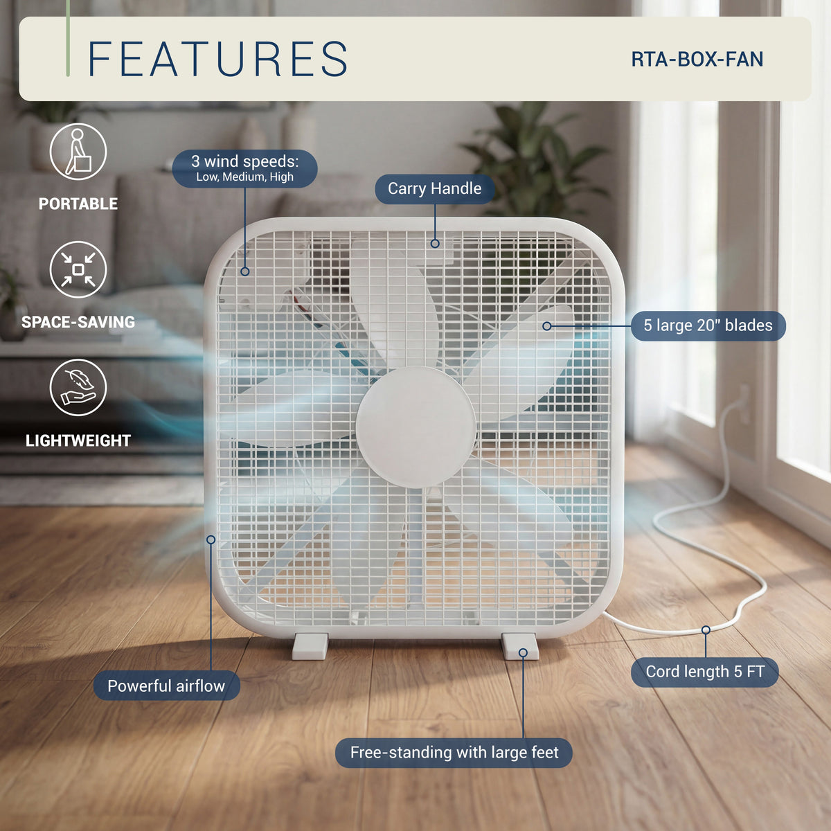 20 Inch Box Fan with 3-Speed Control - White