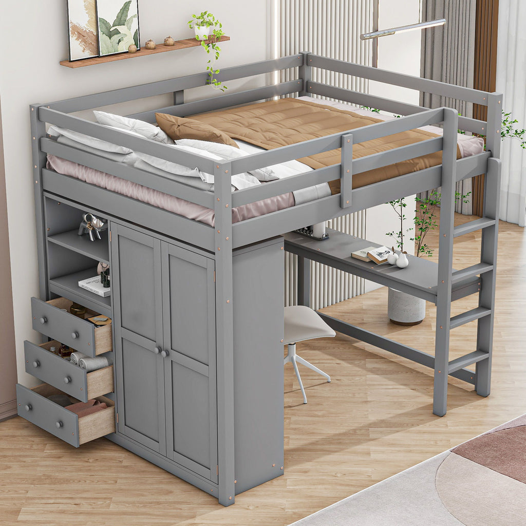 Full Size Loft Bed with Built-In Wardrobe, Shelves, and Drawers - White or Dark Gray